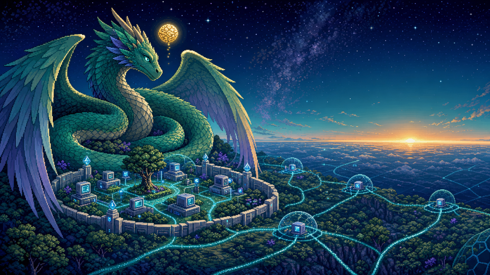 Pixel-art winged serpent guardian sheltering a walled garden of connected computers beside a bright cosmic horizon.
