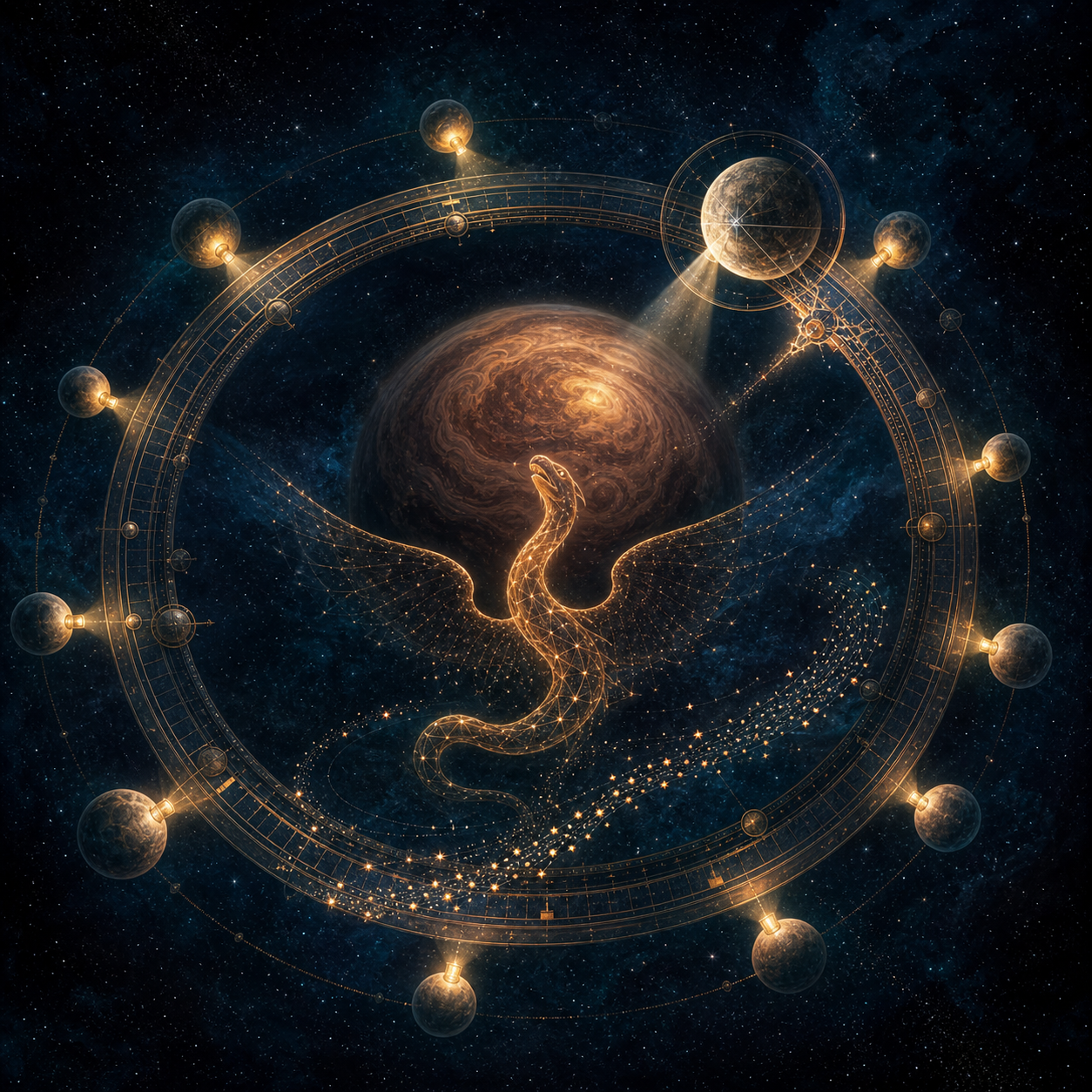 A glowing winged serpent steadies an orbital instrument around a brown dwarf while many moon-like lanterns reveal a subtle fracture and a safer path of stars.